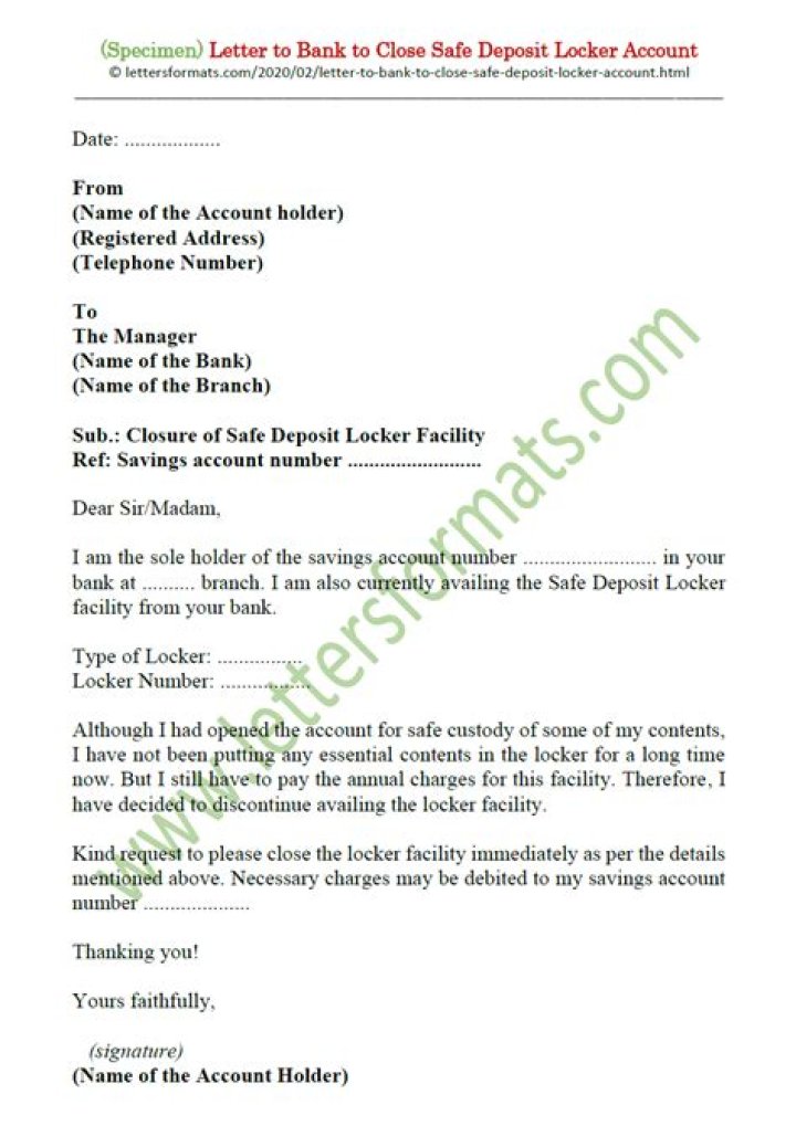 letter to close bank locker